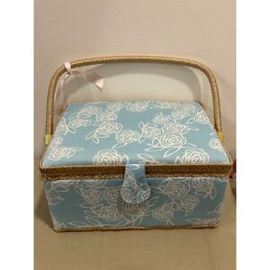 D&D Sewing Basket Blue Rose Floral Fabric Wicker Trim with Notions Kit Tray